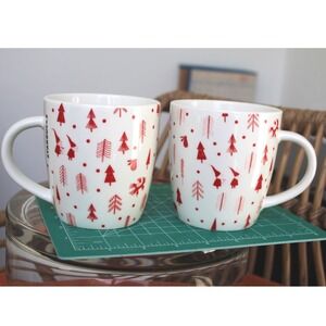 Starbucks 12oz Christmas Mug Set of 2 Red White Scandinavian Gnomes Trees 2014
